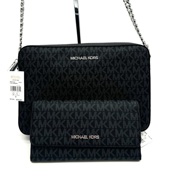 Michael Kors Large Jet Set Item EW Crossbody Bag & Large Trifold Wallet Black - Picture 2 of 11